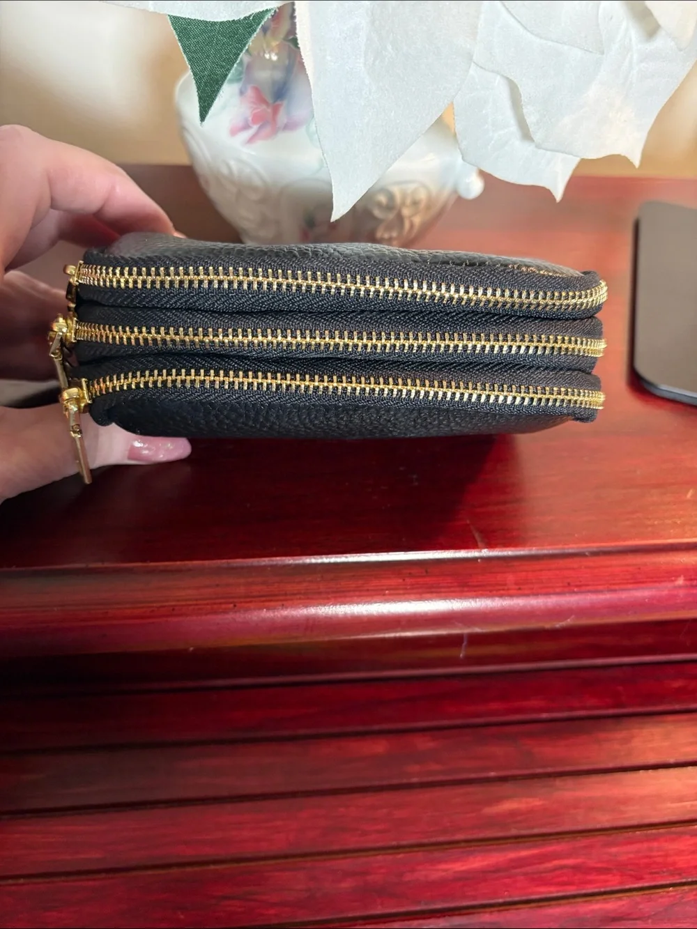 Black 3 Zip pouch with key chain holder